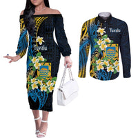 Personalised Tuvalu Beautiful Plumeria Flower Couples Matching Off The Shoulder Long Sleeve Dress and Long Sleeve Button Shirt LT9 Black - Polynesian Pride