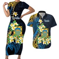 Personalised Tuvalu Beautiful Plumeria Flower Couples Matching Short Sleeve Bodycon Dress and Hawaiian Shirt LT9 Black - Polynesian Pride