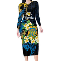 Personalised Tuvalu Beautiful Plumeria Flower Family Matching Long Sleeve Bodycon Dress and Hawaiian Shirt LT9 Mom's Dress Black - Polynesian Pride