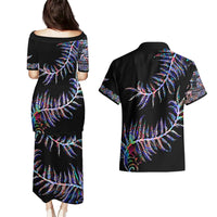 New Zealand Couples Matching Puletasi Dress and Hawaiian Shirt Aotearoa Silver Fern Mixed Papua Shell Purple Vibe LT9 - Polynesian Pride