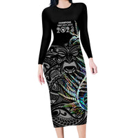 Custom New Zealand Rugby Long Sleeve Bodycon Dress NZ Black Fern Champions History With Papua Shell LT9 Long Dress Black - Polynesian Pride