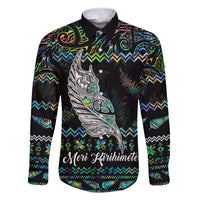 Personalised New Zealand Christmas Family Matching Tank Maxi Dress and Hawaiian Shirt Maori Fern Manaia Meri Kirihimete with Papaua Shell LT9 Dad's Shirt - Long Sleeve Black - Polynesian Pride