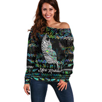 Personalised New Zealand Christmas Off Shoulder Sweater Maori Fern Manaia Meri Kirihimete with Papaua Shell LT9 Women Black - Polynesian Pride