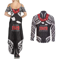 Samoa Black Saturday Couples Matching Summer Maxi Dress and Long Sleeve Button Shirt Samoa mo Samoa with Black Ula Fala