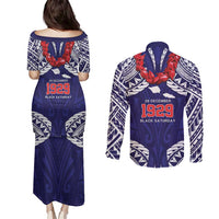Samoa Black Saturday Couples Matching Puletasi and Long Sleeve Button Shirt Samoa mo Samoa with Blue Ula Fala