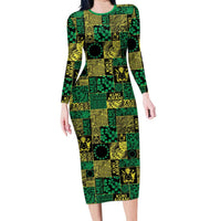 Cook Islands Mere Kiritimiti Family Matching Long Sleeve Bodycon Dress and Hawaiian Shirt Pacific Patchwork Xmas Vibes LT9 Mom's Dress Green - Polynesian Pride