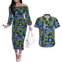 Solomon Islands Meri Kirihimete Couples Matching Off The Shoulder Long Sleeve Dress and Hawaiian Shirt Pacific Patchwork Xmas Vibes LT9 Blue - Polynesian Pride
