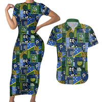 Solomon Islands Meri Kirihimete Couples Matching Short Sleeve Bodycon Dress and Hawaiian Shirt Pacific Patchwork Xmas Vibes LT9 Blue - Polynesian Pride