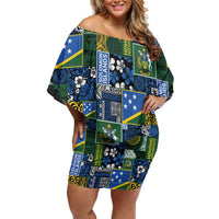 Solomon Islands Meri Kirihimete Family Matching Off Shoulder Short Dress and Hawaiian Shirt Pacific Patchwork Xmas Vibes LT9 Mom's Dress Blue - Polynesian Pride