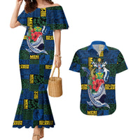 Solomon Islands Meri Kirihimete Couples Matching Mermaid Dress and Hawaiian Shirt Funny Santa Riding Shark LT9 Blue - Polynesian Pride