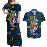 Solomon Islands Meri Kirihimete Couples Matching Off Shoulder Maxi Dress and Hawaiian Shirt Funny Santa Riding Shark LT9 Blue - Polynesian Pride