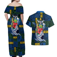 Solomon Islands Meri Kirihimete Couples Matching Off Shoulder Maxi Dress and Hawaiian Shirt Funny Santa Riding Shark LT9 - Polynesian Pride