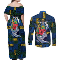 Solomon Islands Meri Kirihimete Couples Matching Off Shoulder Maxi Dress and Long Sleeve Button Shirt Funny Santa Riding Shark LT9 - Polynesian Pride