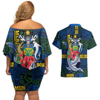 Solomon Islands Meri Kirihimete Couples Matching Off Shoulder Short Dress and Hawaiian Shirt Funny Santa Riding Shark LT9 - Polynesian Pride
