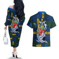 Solomon Islands Meri Kirihimete Couples Matching Off The Shoulder Long Sleeve Dress and Hawaiian Shirt Funny Santa Riding Shark LT9 - Polynesian Pride