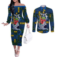 Solomon Islands Meri Kirihimete Couples Matching Off The Shoulder Long Sleeve Dress and Long Sleeve Button Shirt Funny Santa Riding Shark LT9 Blue - Polynesian Pride