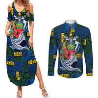 Solomon Islands Meri Kirihimete Couples Matching Summer Maxi Dress and Long Sleeve Button Shirt Funny Santa Riding Shark LT9 Blue - Polynesian Pride