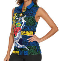 Solomon Islands Meri Kirihimete Women Sleeveless Polo Shirt Funny Santa Riding Shark LT9 - Polynesian Pride