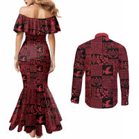 Black Tonga Kilisimasi Fiefia Couples Matching Mermaid Dress and Long Sleeve Button Shirt Pacific Patchwork Xmas Vibes LT9 - Polynesian Pride