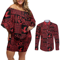 Black Tonga Kilisimasi Fiefia Couples Matching Off Shoulder Short Dress and Long Sleeve Button Shirt Pacific Patchwork Xmas Vibes LT9 Black - Polynesian Pride