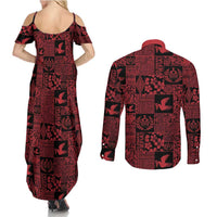 Black Tonga Kilisimasi Fiefia Couples Matching Summer Maxi Dress and Long Sleeve Button Shirt Pacific Patchwork Xmas Vibes - Polynesian Pride