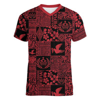 Black Tonga Kilisimasi Fiefia Women V-Neck T-Shirt Pacific Patchwork Xmas Vibes - Polynesian Pride