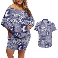 Blue Tonga Kilisimasi Fiefia Couples Matching Off Shoulder Short Dress and Hawaiian Shirt Pacific Patchwork Xmas Vibes LT9 Blue - Polynesian Pride