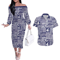 Blue Tonga Kilisimasi Fiefia Couples Matching Off The Shoulder Long Sleeve Dress and Hawaiian Shirt Pacific Patchwork Xmas Vibes LT9 Blue - Polynesian Pride