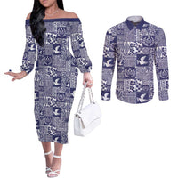 Blue Tonga Kilisimasi Fiefia Couples Matching Off The Shoulder Long Sleeve Dress and Long Sleeve Button Shirt Pacific Patchwork Xmas Vibes LT9 Blue - Polynesian Pride