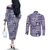 Blue Tonga Kilisimasi Fiefia Couples Matching Off The Shoulder Long Sleeve Dress and Long Sleeve Button Shirt Pacific Patchwork Xmas Vibes LT9 - Polynesian Pride