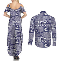 Blue Tonga Kilisimasi Fiefia Couples Matching Summer Maxi Dress and Long Sleeve Button Shirt Pacific Patchwork Xmas Vibes - Polynesian Pride