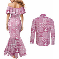 Pink Tonga Kilisimasi Fiefia Couples Matching Mermaid Dress and Long Sleeve Button Shirt Pacific Patchwork Xmas Vibes LT9 - Polynesian Pride