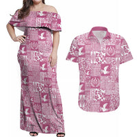 Pink Tonga Kilisimasi Fiefia Couples Matching Off Shoulder Maxi Dress and Hawaiian Shirt Pacific Patchwork Xmas Vibes LT9 Pink - Polynesian Pride