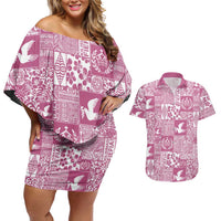 Pink Tonga Kilisimasi Fiefia Couples Matching Off Shoulder Short Dress and Hawaiian Shirt Pacific Patchwork Xmas Vibes LT9 Pink - Polynesian Pride