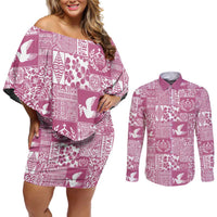 Pink Tonga Kilisimasi Fiefia Couples Matching Off Shoulder Short Dress and Long Sleeve Button Shirt Pacific Patchwork Xmas Vibes LT9 Pink - Polynesian Pride