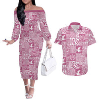 Pink Tonga Kilisimasi Fiefia Couples Matching Off The Shoulder Long Sleeve Dress and Hawaiian Shirt Pacific Patchwork Xmas Vibes LT9 Pink - Polynesian Pride