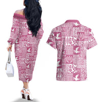 Pink Tonga Kilisimasi Fiefia Couples Matching Off The Shoulder Long Sleeve Dress and Hawaiian Shirt Pacific Patchwork Xmas Vibes LT9 - Polynesian Pride