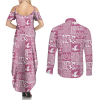 Pink Tonga Kilisimasi Fiefia Couples Matching Summer Maxi Dress and Long Sleeve Button Shirt Pacific Patchwork Xmas Vibes - Polynesian Pride