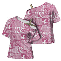 Pink Tonga Kilisimasi Fiefia Cross Shoulder Shirt Pacific Patchwork Xmas Vibes - Polynesian Pride