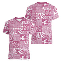 Pink Tonga Kilisimasi Fiefia Women V-Neck T-Shirt Pacific Patchwork Xmas Vibes - Polynesian Pride