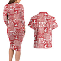 Red Tonga Kilisimasi Fiefia Couples Matching Long Sleeve Bodycon Dress and Hawaiian Shirt Pacific Patchwork Xmas Vibes LT9 - Polynesian Pride