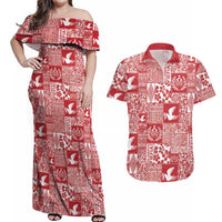 Red Tonga Kilisimasi Fiefia Couples Matching Off Shoulder Maxi Dress and Hawaiian Shirt Pacific Patchwork Xmas Vibes LT9 Red - Polynesian Pride