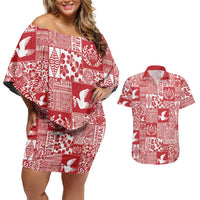 Red Tonga Kilisimasi Fiefia Couples Matching Off Shoulder Short Dress and Hawaiian Shirt Pacific Patchwork Xmas Vibes LT9 Red - Polynesian Pride