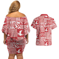 Red Tonga Kilisimasi Fiefia Couples Matching Off Shoulder Short Dress and Hawaiian Shirt Pacific Patchwork Xmas Vibes LT9 - Polynesian Pride