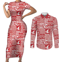 Red Tonga Kilisimasi Fiefia Couples Matching Short Sleeve Bodycon Dress and Long Sleeve Button Shirt Pacific Patchwork Xmas Vibes LT9 Red - Polynesian Pride