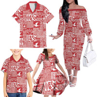Red Tonga Kilisimasi Fiefia Family Matching Off The Shoulder Long Sleeve Dress and Hawaiian Shirt Pacific Patchwork Xmas Vibes LT9 - Polynesian Pride