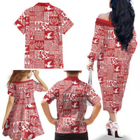 Red Tonga Kilisimasi Fiefia Family Matching Off The Shoulder Long Sleeve Dress and Hawaiian Shirt Pacific Patchwork Xmas Vibes LT9 - Polynesian Pride