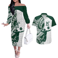 Polynesian Hawaii Volleyball Custom Couples Matching Off The Shoulder Long Sleeve Dress and Hawaiian Shirt Kakau with Sport Style LT9 White - Polynesian Pride