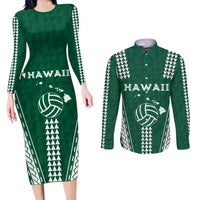 Polynesian Hawaii Volleyball Custom Couples Matching Long Sleeve Bodycon Dress and Long Sleeve Button Shirt Green Kakau with Map Motif LT9 Green - Polynesian Pride