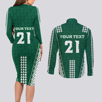 Polynesian Hawaii Volleyball Custom Couples Matching Long Sleeve Bodycon Dress and Long Sleeve Button Shirt Green Kakau with Map Motif LT9 - Polynesian Pride